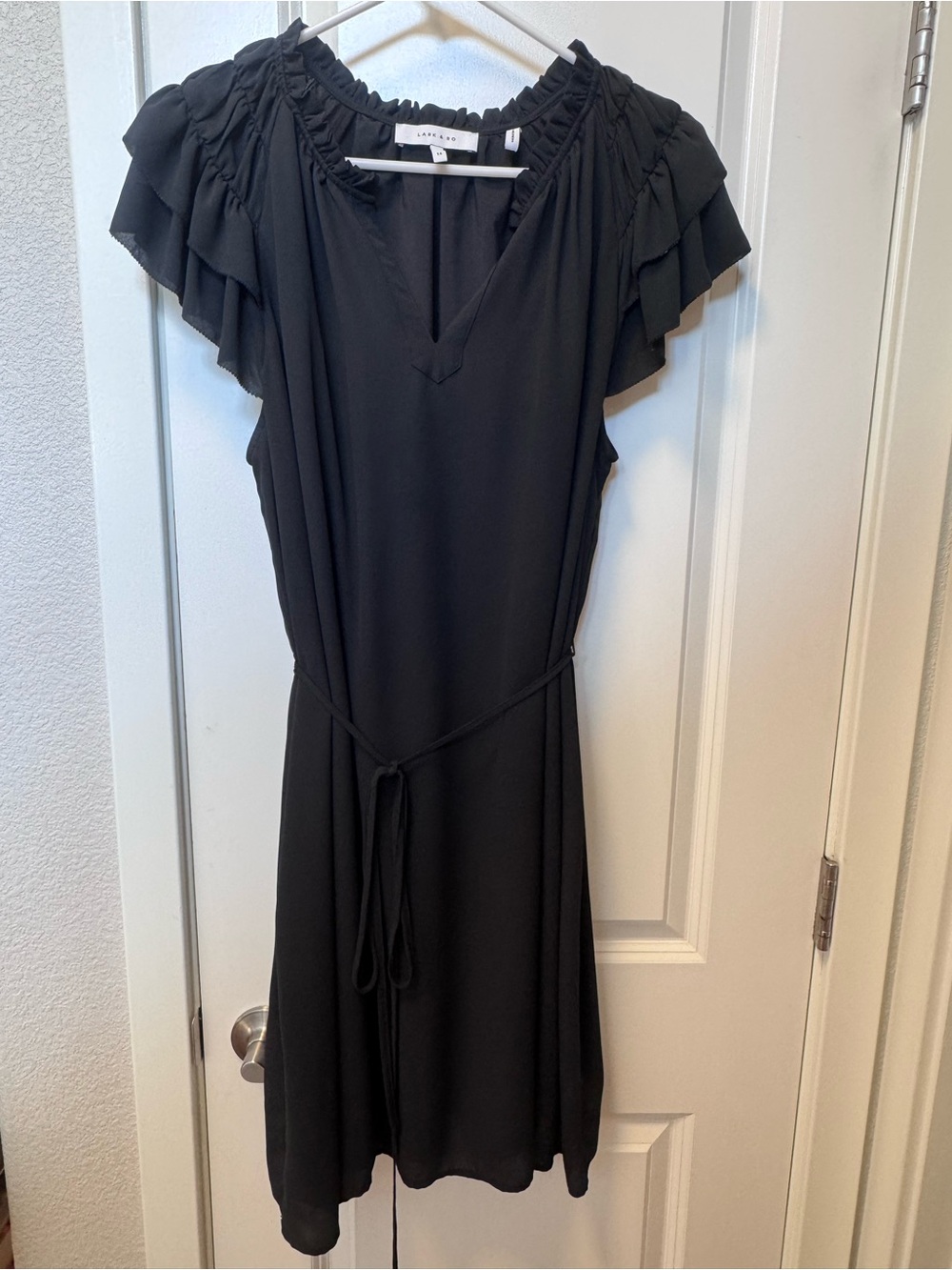 Lark & Ro Black size 14 Ruffle-Sleeve Tie-Waist Dress